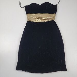 80s Dave & Johnny Velvet Gold Strapless Black‎ Velvet Cocktail Midi Dress 7/8